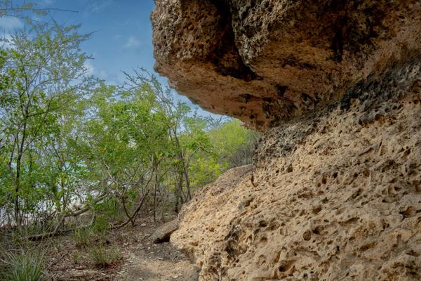 Inham in de kalkstenen kust, uitgesleten door eeuwen van golven.