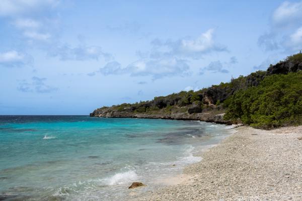 Rechterzijde van het strand bij 1000 Steps, met bomen waar je je handdoek of stoeltje lekker in de schaduw kunt neerzetten en toch gemakkelijk het water in kunt.